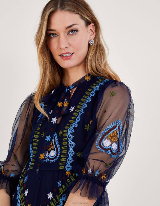 Monsoon نحيف فستان ماكسي مطرز تريسي من البوليستر المعاد تدويره D68H945 ملابس الأزرق الداكن)