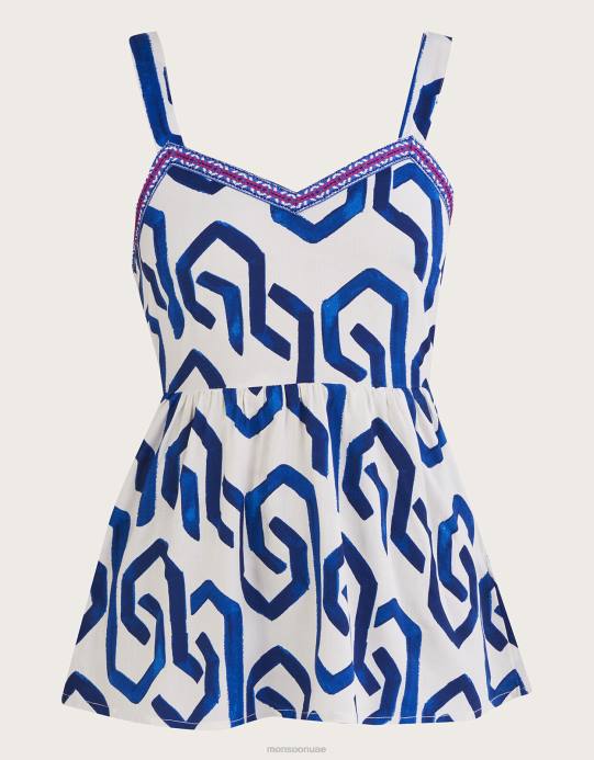 Monsoon نحيف بلوزة كامي بطبعة هندسية وربطة عنق في الخلف D68H946 ملابس الأزرق (الكوبالت)