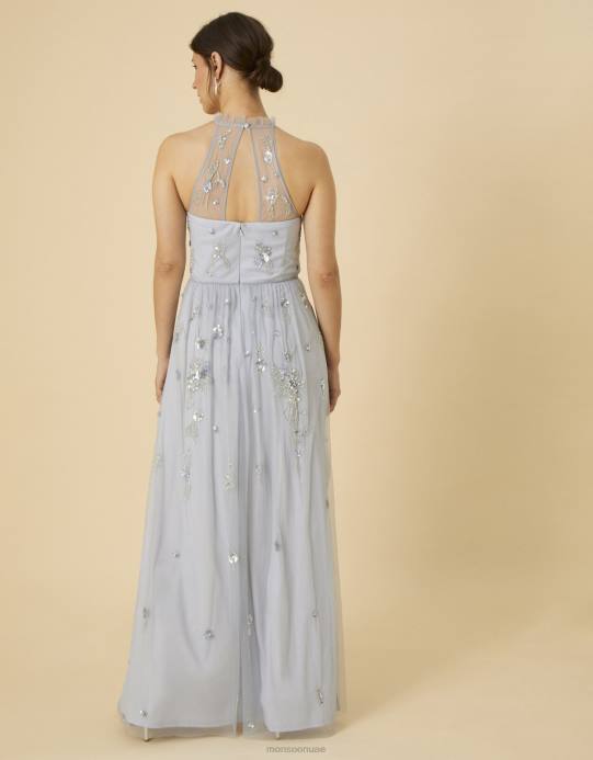 Monsoon نحيف فستان ساشا طويل مزين بالبوليستر المعاد تدويره D68H948 ملابس أزرق