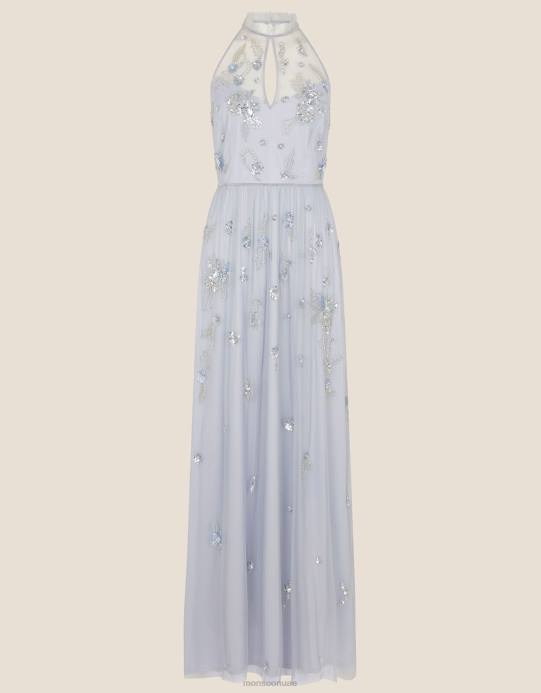 Monsoon نحيف فستان ساشا طويل مزين بالبوليستر المعاد تدويره D68H948 ملابس أزرق