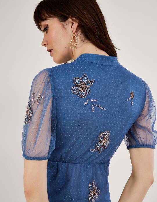 Monsoon نحيف باميلا فستان الشاي منمق D68H94 ملابس أزرق