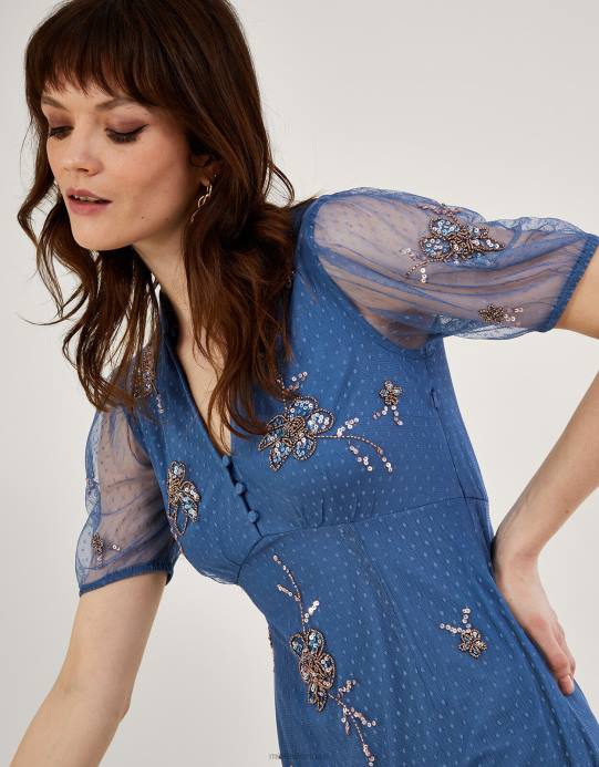 Monsoon نحيف باميلا فستان الشاي منمق D68H94 ملابس أزرق