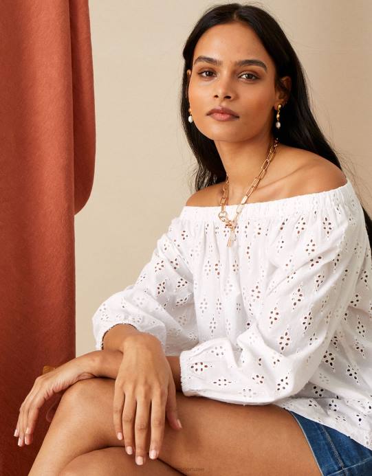 Monsoon نحيف بلوزة شيفلي باردو من القطن المستدام D68H953 ملابس أبيض