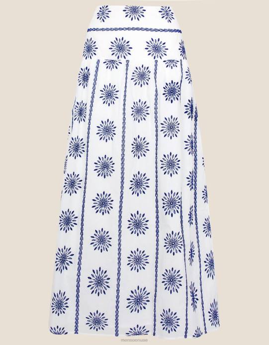 Monsoon نحيف تنورة ميدي مطرزة بالقطن المستدام D68H955 ملابس أزرق