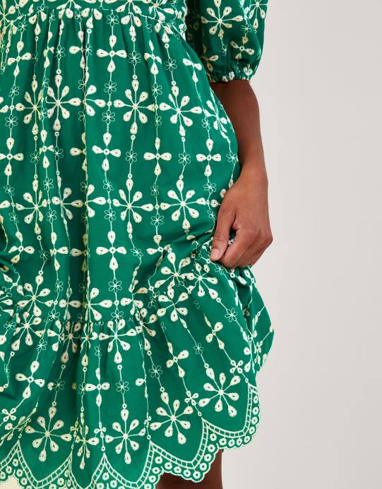 Monsoon نحيف فستان قصير بأكمام منتفخة ومطرز من القطن المستدام D68H956 ملابس أخضر