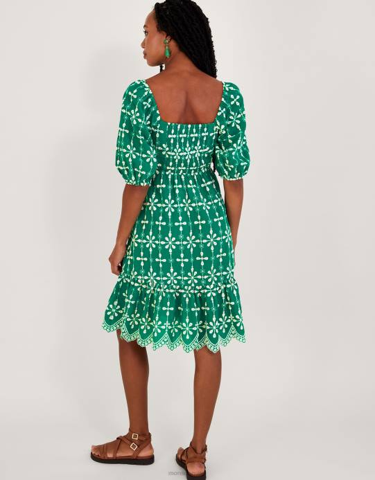 Monsoon نحيف فستان قصير بأكمام منتفخة ومطرز من القطن المستدام D68H956 ملابس أخضر