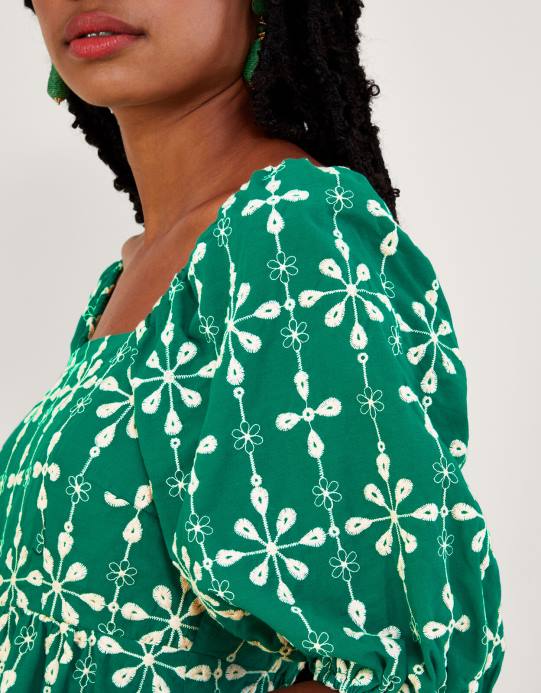 Monsoon نحيف فستان قصير بأكمام منتفخة ومطرز من القطن المستدام D68H956 ملابس أخضر