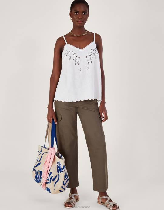 Monsoon نحيف بلوزة كامي مطرزة بقطع من مزيج الكتان D68H963 ملابس عاج