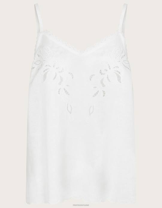 Monsoon نحيف بلوزة كامي مطرزة بقطع من مزيج الكتان D68H963 ملابس عاج