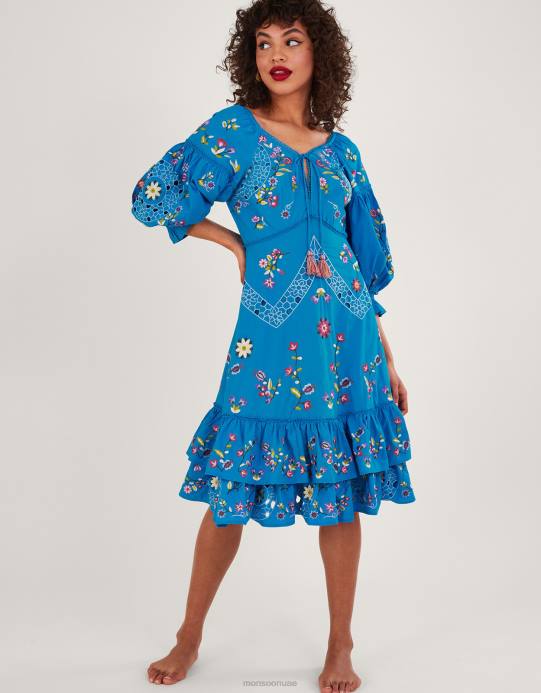 Monsoon نحيف فستان مطرز بطول الركبة D68H965 ملابس أزرق