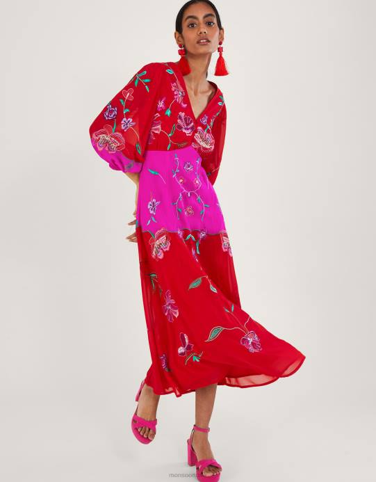 Monsoon نحيف فستان جوانا مزين بالبوليستر المعاد تدويره D68H967 ملابس أحمر