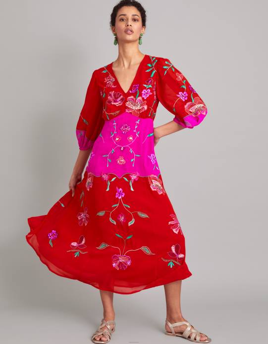 Monsoon نحيف فستان جوانا مزين بالبوليستر المعاد تدويره D68H967 ملابس أحمر