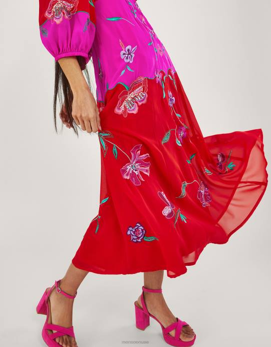 Monsoon نحيف فستان جوانا مزين بالبوليستر المعاد تدويره D68H967 ملابس أحمر