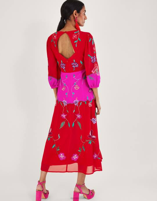 Monsoon نحيف فستان جوانا مزين بالبوليستر المعاد تدويره D68H967 ملابس أحمر