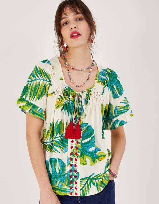 Monsoon نحيف قميص جيرسي بطبعة النخيل D68H968 ملابس عاج