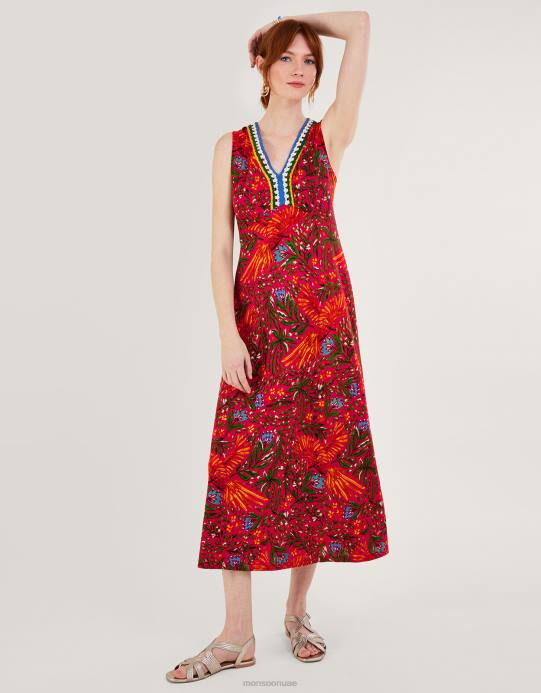 Monsoon نحيف فستان مزين بالكروشيه بطبعات أوراق الشجر من مزيج الكتان D68H977 ملابس أحمر