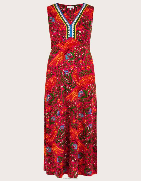 Monsoon نحيف فستان مزين بالكروشيه بطبعات أوراق الشجر من مزيج الكتان D68H977 ملابس أحمر