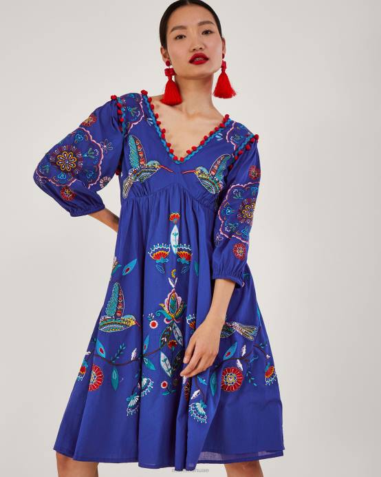 Monsoon نحيف الأزهار والطيور تحت فستان الركبة D68H980 ملابس الأزرق (الكوبالت)