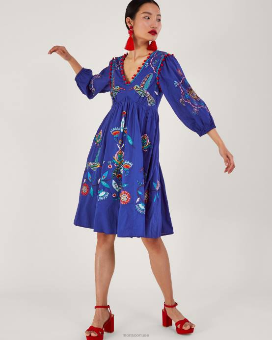 Monsoon نحيف الأزهار والطيور تحت فستان الركبة D68H980 ملابس الأزرق (الكوبالت)