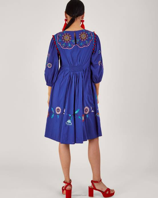 Monsoon نحيف الأزهار والطيور تحت فستان الركبة D68H980 ملابس الأزرق (الكوبالت)