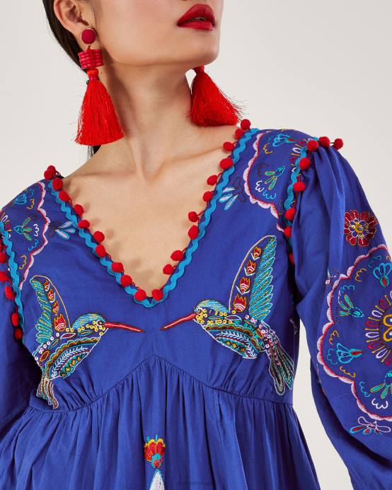 Monsoon نحيف الأزهار والطيور تحت فستان الركبة D68H980 ملابس الأزرق (الكوبالت)