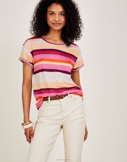 Monsoon نحيف تي شيرت من الكتان ذو رقبة واسعة D68H983 ملابس متعدد