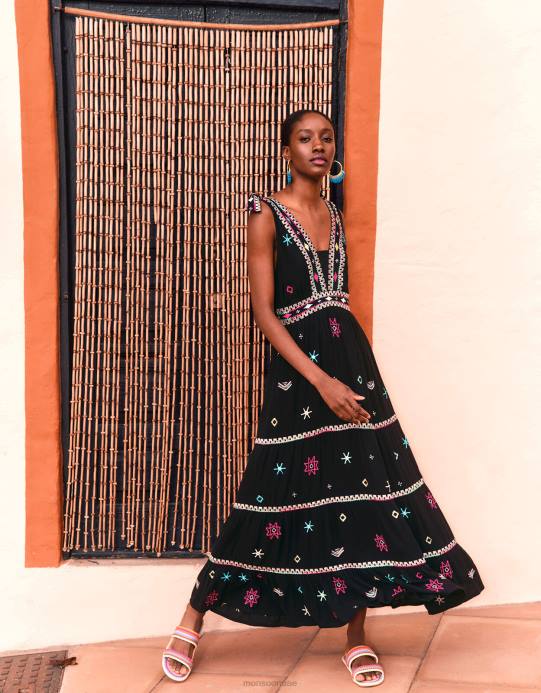 Monsoon نحيف فستان ماكسي كامي مطرز بحزام عريض D68H990 ملابس أسود