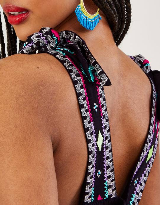 Monsoon نحيف فستان ماكسي كامي مطرز بحزام عريض D68H990 ملابس أسود