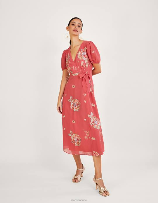 Monsoon نحيف فستان كيرا مزين بتصميم ملفوف من البوليستر المعاد تدويره D68H992 ملابس لون القرنفل