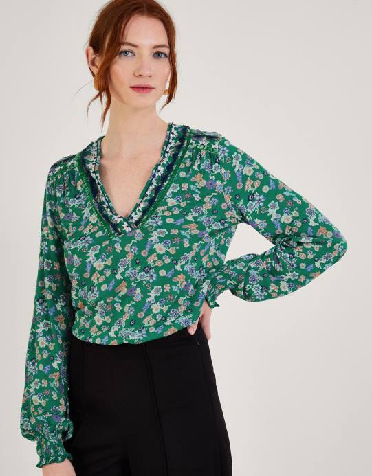 Monsoon نحيف قميص جيرسي مزين بنقشة Ditsy D68H569 ملابس أخضر