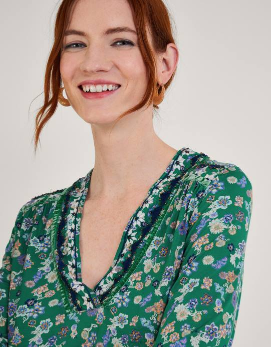 Monsoon نحيف قميص جيرسي مزين بنقشة Ditsy D68H569 ملابس أخضر