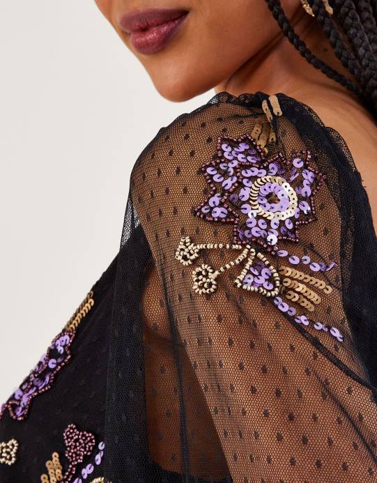 Monsoon نحيف Eloise فستان الشاي مزين D68H16 ملابس أسود