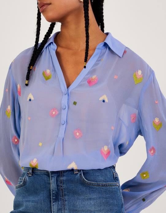 Monsoon نحيف بلوزة Gael مطرزة من الفيسكوز المستدام D68H982 ملابس أزرق