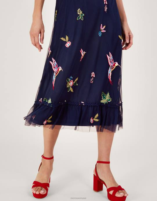 Monsoon نحيف فستان شاي من تصميم Helena من البوليستر المعاد تدويره D68H25 ملابس الأزرق الداكن)