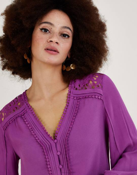 Monsoon نحيف بلوزة Hope مزخرفة بالدانتيل مع Lenzing Ecovero D68H746 ملابس البنفسجي