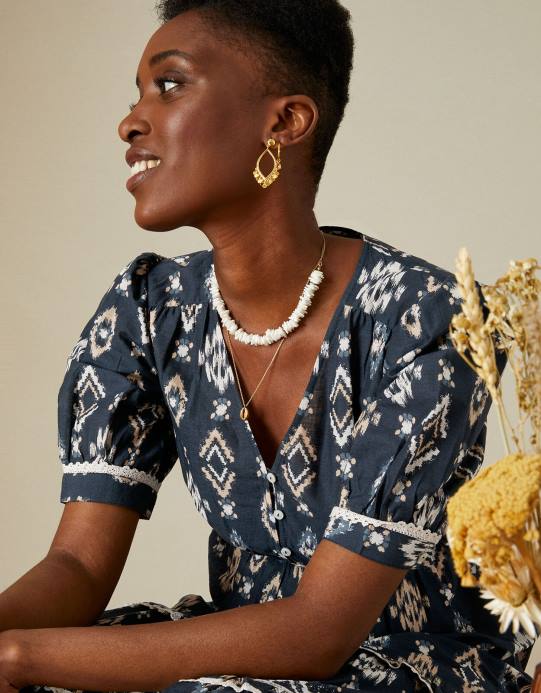 Monsoon نحيف فستان متوسط ​​الطول بطبعة Ikat وأزرار على شكل حرف V من القطن المستدام D68H1121 ملابس الأزرق الداكن)