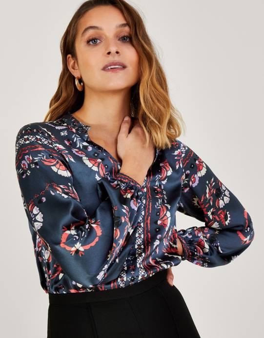 Monsoon نحيف بلوزة بطبعة وشاح Jamelia من البوليستر المعاد تدويره D68H801 ملابس الرمادي (الفحم)