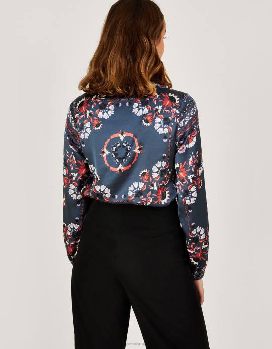 Monsoon نحيف بلوزة بطبعة وشاح Jamelia من البوليستر المعاد تدويره D68H801 ملابس الرمادي (الفحم)