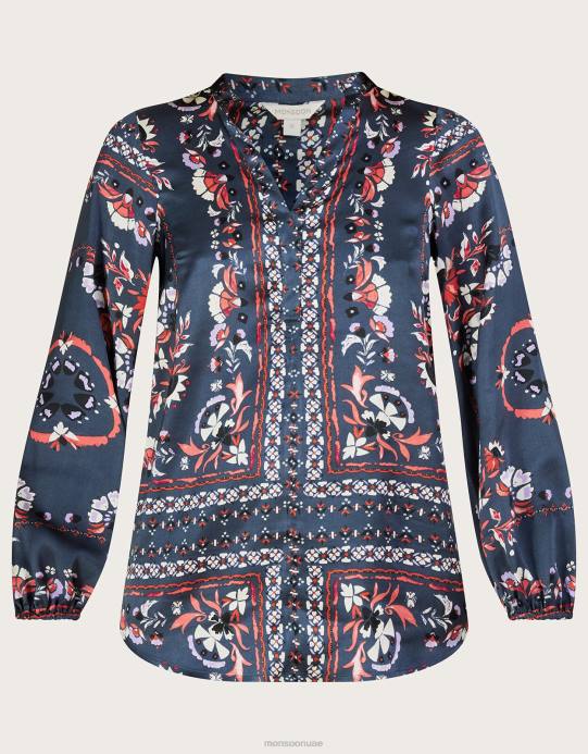 Monsoon نحيف بلوزة بطبعة وشاح Jamelia من البوليستر المعاد تدويره D68H801 ملابس الرمادي (الفحم)