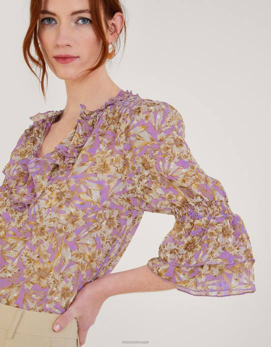 Monsoon نحيف بلوزة Keava مكشكشة من البوليستر المعاد تدويره D68H344 ملابس الأرجواني (أرجواني)