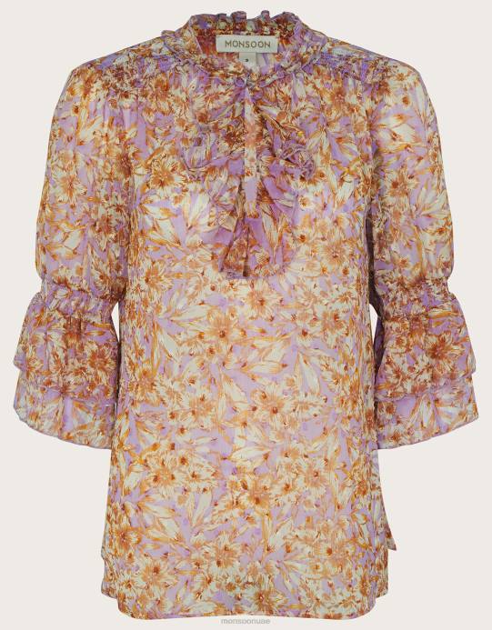 Monsoon نحيف بلوزة Keava مكشكشة من البوليستر المعاد تدويره D68H344 ملابس الأرجواني (أرجواني)