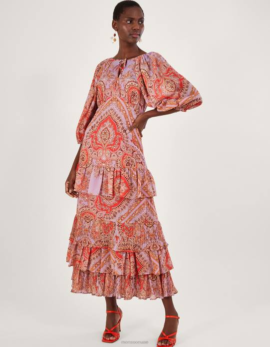 Monsoon نحيف فستان Laetita طويل بطبقات ومطبوع من البوليستر المعاد تدويره D68H905 ملابس الأرجواني (أرجواني)