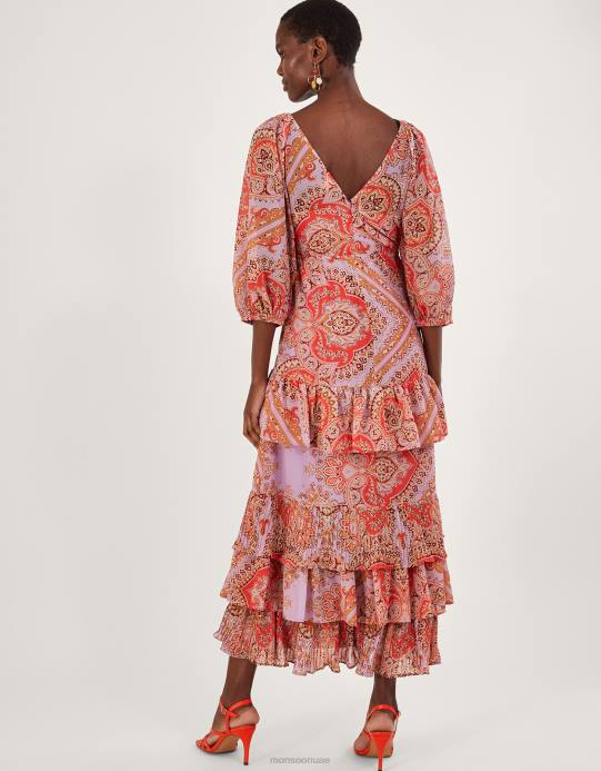 Monsoon نحيف فستان Laetita طويل بطبقات ومطبوع من البوليستر المعاد تدويره D68H905 ملابس الأرجواني (أرجواني)