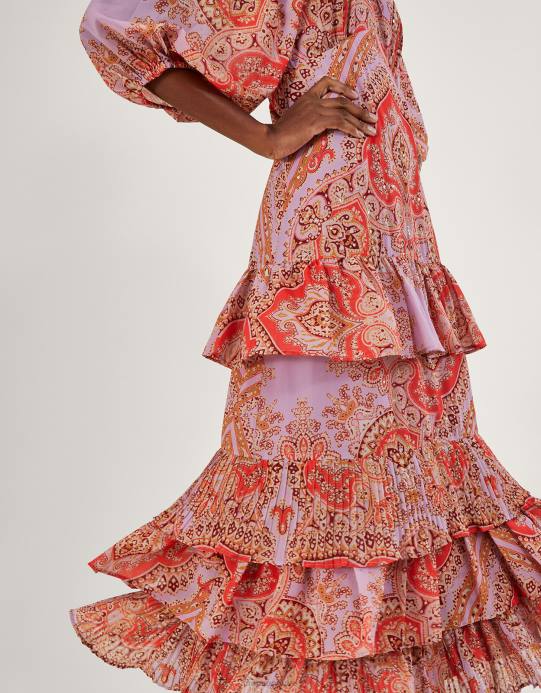 Monsoon نحيف فستان Laetita طويل بطبقات ومطبوع من البوليستر المعاد تدويره D68H905 ملابس الأرجواني (أرجواني)