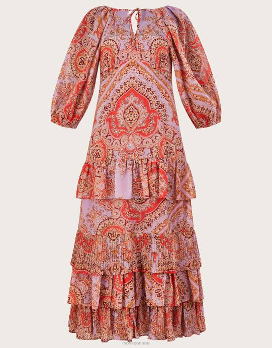 Monsoon نحيف فستان Laetita طويل بطبقات ومطبوع من البوليستر المعاد تدويره D68H905 ملابس الأرجواني (أرجواني)