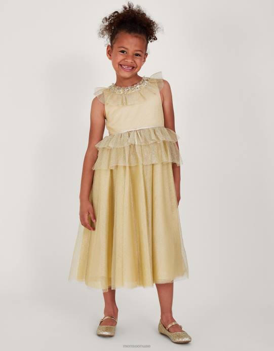 Monsoon بنت فستان ماكسي شبكي مكشكش من Land of Wonder Alexandra D68H1950 ملابس ذهب