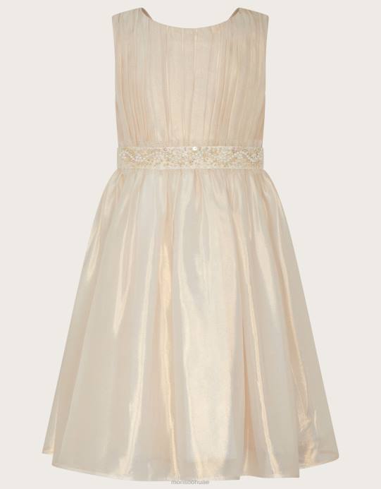 Monsoon بنت فستان من Land of Wonder مصنوع من الأورجانزا اللامع وحزام على الخصر مزين بالخرز D68H1861 ملابس طبيعي (الشمبانيا)