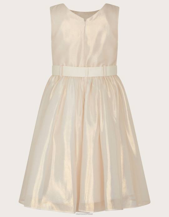 Monsoon بنت فستان من Land of Wonder مصنوع من الأورجانزا اللامع وحزام على الخصر مزين بالخرز D68H1861 ملابس طبيعي (الشمبانيا)