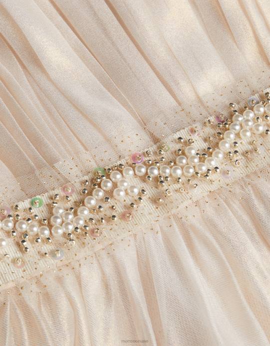 Monsoon بنت فستان من Land of Wonder مصنوع من الأورجانزا اللامع وحزام على الخصر مزين بالخرز D68H1861 ملابس طبيعي (الشمبانيا)