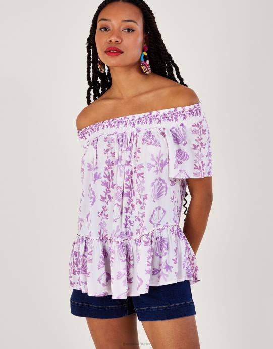 Monsoon نحيف بلوزة بأكمام قصيرة وطبعة صدفة من Lenzing Ecovero D68H277 ملابس لون القرنفل